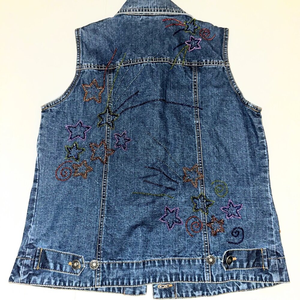 Chico's Retro Vintage Vest Size 0 DENIM BEADED Artsy Funky Western Embroidery S